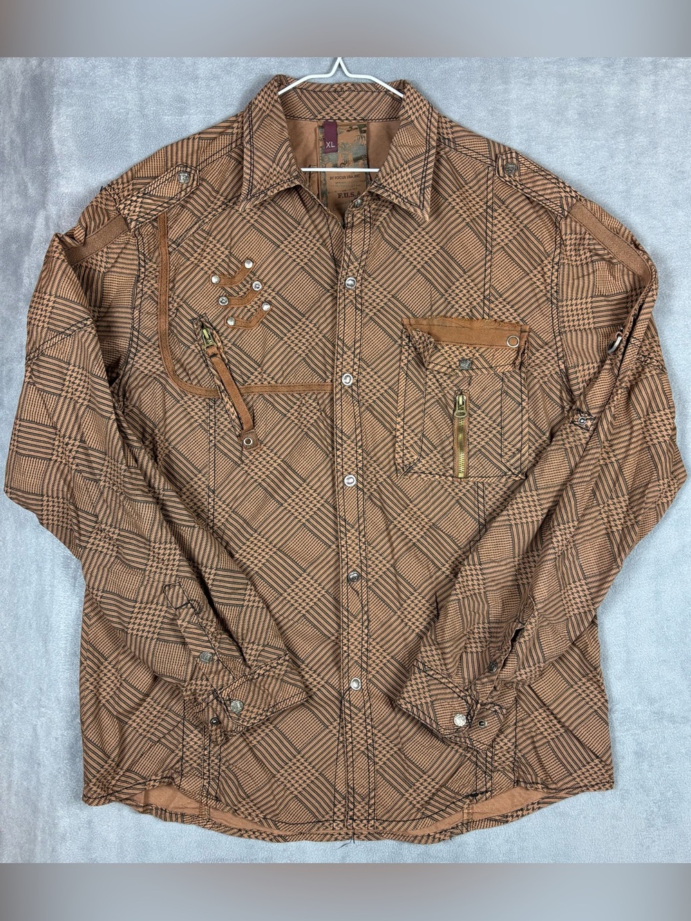FUSAI Jeans Mens XL Brown Plaid Button Up Shirt Utility Y2K Moto Vintage Grunge